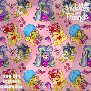 May include: A repeating pattern on a pink background featuring cartoon characters with colorful hair and outfits. The characters are interspersed with bows, paintbrushes, and high heels. The text "Hiddles and Friends" is visible.