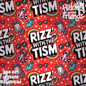 May include: Red patterned design featuring cartoon raccoons, cats, and frogs wearing sunglasses. The phrase "Rizz Em With The Tism" is displayed in a rainbow arch. The background is filled with white star shapes and sunglasses.