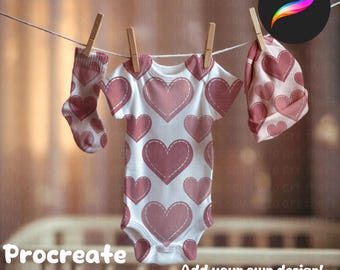 May include: A white baby onesie with a pink heart pattern, a pink baby sock with a heart pattern, and a pink baby hat with a heart pattern hanging on a clothesline. The text "Procreate Mockup" and "Add your own design! Only works in Procreate" is visible at the bottom of the image.