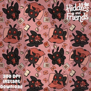 Op de afbeelding: Een naadloos patroon met een schattige cartoonmot met rode ogen die in bed een boek leest. De achtergrond is roze met harten, strikken en andere kleine details. De tekst "Hiddles and Friends" staat bovenaan het patroon.