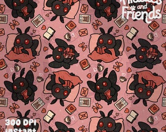 Bookish Coquette Mothman Seamless Pattern – Cute Cryptid Digital File for Fabric, Scrapbooking, Stationery, and More