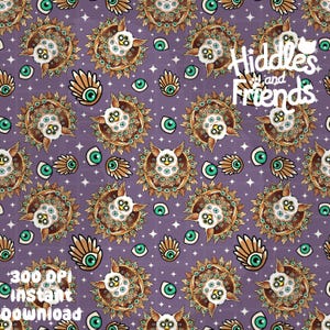 May include: A seamless pattern featuring a purple background with white owls with multiple eyes, surrounded by gold feathers. The owls are surrounded by green eyes and gold stars. The text "Hiddles and Friends" is in the upper right corner of the pattern.