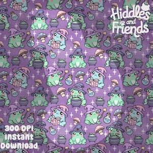 May include: A seamless pattern featuring cute cartoon frogs wearing witch hats and holding various magical items, including cauldrons, wands, and spell books. The background is a purple color with white stars and a subtle textured effect. The text "Hiddles and Friends" is featured in the top right corner of the pattern.