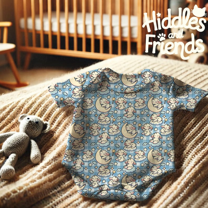 May include: A light blue baby onesie with a repeating pattern of white bunnies sleeping on clouds with a crescent moon. The onesie has short sleeves and a snap closure. The text "Hiddles and Friends" is printed on the onesie.