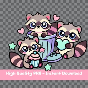 Kawaii Trash Panda digitale sticker - wasberen PNG-clipart voor planners en scrapbooking, sublimatie en doe-het-zelfstickers | Digitale wasbeersticker