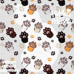 May include: A seamless pattern featuring paw prints in various colors, including orange, brown, black, and white. The background is a light gray with a white cloud-like shape in the center. The text "Hiddles and Friends" is written in black with a white outline.