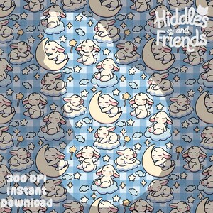 May include: A seamless pattern featuring adorable white bunnies sleeping on clouds with stars and a crescent moon. The background is a blue and white gingham pattern. The text "Hiddles and Friends" is in the top right corner.