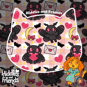 May include: A whimsical illustration featuring a repeating pattern of cartoon moths, hearts, envelopes, and crescent moons on a pink and white checkered background. The words "Hiddles and Friends" are displayed. A cat character in a wheelchair is also present.