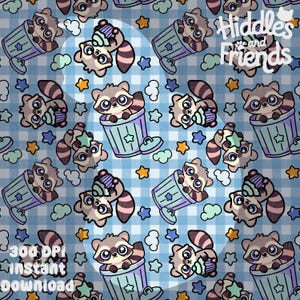 Motif raton laveur kawaii bleu pastel sans couture avec petits gâteaux et étoiles 300 DPI téléchargement PNG pour papiers numériques conception de surface en tissu vinyle