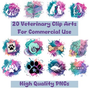 20 Watercolor Veterinary Clipart PNGs | Pet & Animal Care Designs | Vet Clinic, Pet Shop, Rescue Art | Commercial Use | 300 DPI
