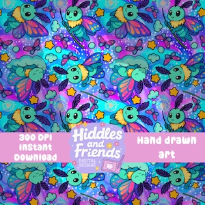 May include: A seamless pattern featuring cute cartoon moths with colorful wings flying in a galaxy-themed background with stars, clouds, and fireworks. The text "Hiddles and Friends Digital Designs" is in the center of the image.