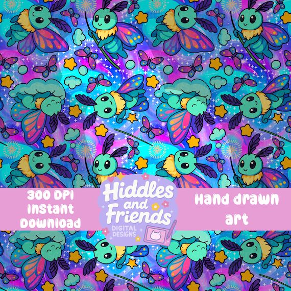 Galaxy Wish Moths Seamless Background – Kawaii Bug Pattern with Stars and Sparkles | Digital Fabric File | 300 DPI Instant Download