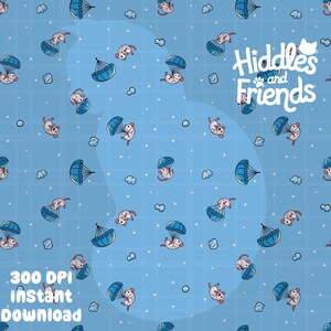 May include: A seamless pattern featuring a light blue background with white stars and white mice wearing parachutes. The text "Hiddles and Friends" is in the center of the pattern.