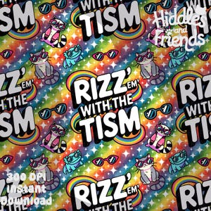 May include: A colourful, rainbow-themed pattern with the text "Rizz'em with the Tism" repeated throughout. The pattern also includes cartoon images of cats, frogs, and sunglasses.
