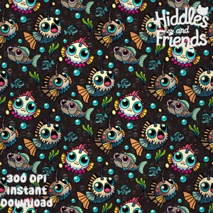 May include: A seamless pattern featuring cartoon anglerfish with large eyes and fins, surrounded by bubbles and seaweed. The background is dark brown with a textured look. The text "Hiddles and Friends" is in the top right corner.