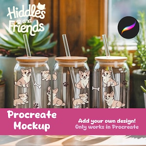 May include: Three clear glass tumblers with bamboo lids and glass straws. Each tumbler features a corgi dog design with paw prints and a bone. The text "Hiddles and Friends" and "Procreate Mockup" are visible.