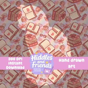 Romance Book Seamless Pattern – Bookish PNG with Hearts, Bows & Tea – Cute Pink Repeat Design – Instant Download Coquette Bookish Seamless