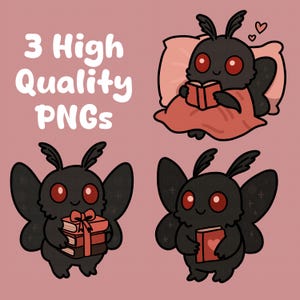 May include: Three digital illustrations of a black moth with red eyes. The moth is shown in three different poses: reading a book in bed, holding a stack of books, and holding a book with a heart on the cover.