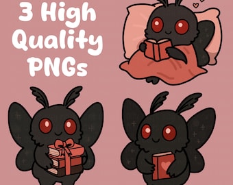 Set di adesivi digitali Bookish Mothman – 3 Cozy Coquette Cryptid PNG con libri e cuori per planner, diari e artigianato digitale