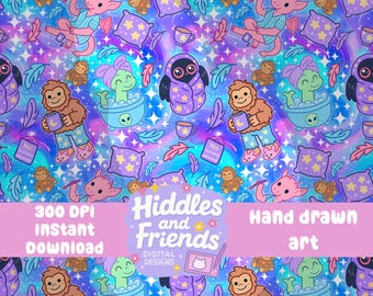 Cryptid Slumber Party Seamless File – Cozy Mythical Creatures, Pillows, Feathers & Sparkles for Sublimation and Crafting 300 DPI PNG