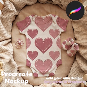 May include: A baby onesie, pacifier, and baby shoes with a heart pattern. The onesie is white with pink hearts and a stitched outline. The pacifier and shoes also have heart designs. The text "Procreate Mockup" and "Add your own design!" are visible.