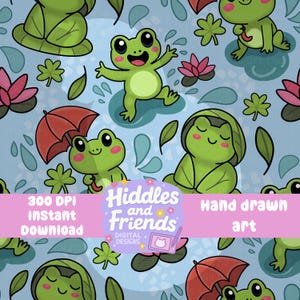 Padrão sem emendas de sapos fofos e nenúfares - Adorável Kawaii Pond Life Download digital 300 DPI PNG Download para papéis digitais Design de tecido
