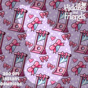 May include: A seamless pattern featuring pink guillotines, bows, and hearts on a light purple background with a white sparkle pattern. The text "Hiddles and Friends" is in the top right corner of the pattern.