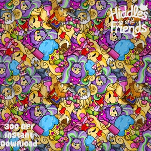May include: A colorful seamless pattern featuring cartoon characters, hearts, stars, and other whimsical elements. The pattern is in shades of pink, purple, yellow, blue, and green. The text "Hiddles and Friends" is visible in the upper right corner of the pattern.