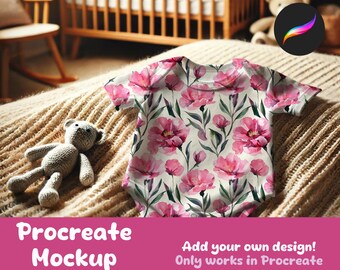 May include: A white baby onesie with a pink floral pattern. The onesie is lying on a beige knitted blanket. The text "Procreate Mockup" is at the bottom left of the image. The text "Add your own design! Only works in Procreate" is at the bottom right of the image.