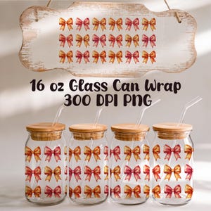 Summer Coquette Bow Glass Can Design | Cute Sublimation PNG Wrap for 16oz Libbey Glass, Sublimation, Decals | Cute Bow Sublimation Wrap PNG