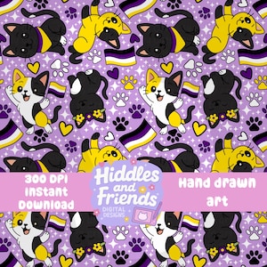 Modèle sans couture non binaire de chats de fierté - Impression de chat mignon kawaii avec drapeaux, empreintes de pattes et coeurs - Téléchargement numérique LGBTQ+