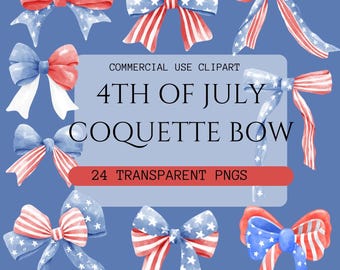 24 Watercolor 4th of July Coquette Bows Clipart,Ribbons Clipart,Fourth of July Clipart,American Bows, Digital PNG, Flag Bow Clipart