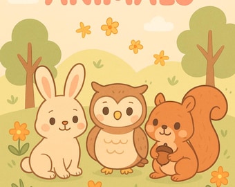 May include: A children's coloring book cover featuring a bunny, owl, and squirrel. The title "Cute Forest Animals" is in orange letters. The bottom text reads "Printable Coloring Book for Kids Ages 3-6". The background is a light yellow with green grass and trees.
