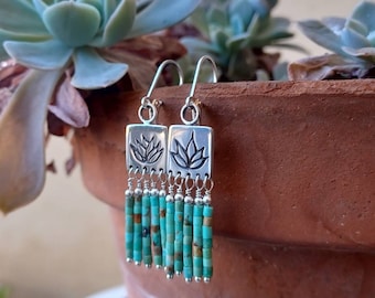 NEW - Agave Turquoise Fringe Earrings - Sterling Silver - Turquoise - Native American Handmade - Southwest Style, Signed, Elisa Turquoise