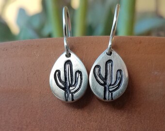 Tiny Simple Saguaro Cactus Drop Earrings - Sterling Silver -  Native American Handmade - Southwest Style, Sonoran Desert, Signed