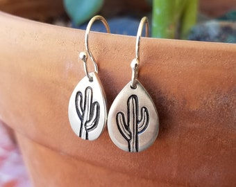 Large Drops -  Simple Saguaro Cactus Earrings - Sterling Silver -  Native American Handmade - Southwest Style, Sonoran Desert, Signed