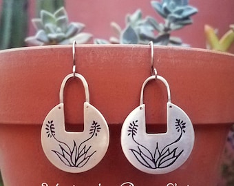 Aloe Vera Statement Earrings - Matte Brushed Sterling Silver - Large Round  Handcarved, Signed - Native American Handmade - Desert Succulent