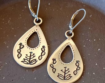 Hand Carved Desert Landscape Earrings: Sterling Silver, Century Plant, Agave, Prickly Pear Cactus, Native American, Yaqui Tribe, Signed