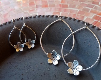 Desert Flower Hoop Earrings, Solid Sterling Silver, Handcrafted, Native American, Pascua Yaqui Tribe of Arizona, Signed