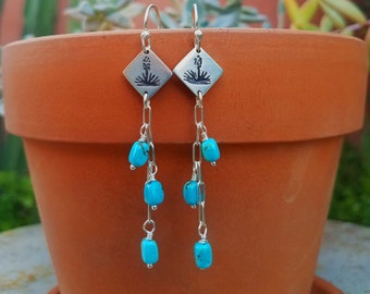 Blooming Sotol Yucca Earrings with Genuine Kingman Turquoise Stones - Sonoran Cactus - Native American Handmade - Signed - Southwest - Gift