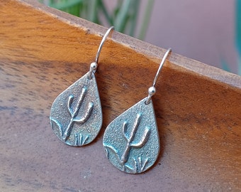 Sonoran Desert Saguaro Cast Earrings - Southwestern - Yaqui Native American Handmade - Sterling Silver Small Batch- Signed