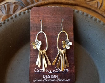 Desert Cactus Flower Blossoms with 14K Gold-Filled (Wider Style)  Fringe, Hand forged, Signed, Native American Jewelry, Pascua Yaqui Tribe