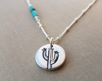 Blooming Saguaro Cactus Necklace - Sterling Silver - Dainty Beaded Chain - Native American Handmade - Desert Chic Gift - Campitos Turquoise