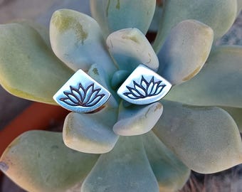 Hand Engraved Agave Cactus Stud Earrings: in Solid Sterling Silver, Native American Pascua Yaqui Tribe from the Sonoran Desert