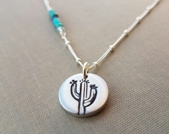 Hand Engraved, Solid Sterling Silver Saguaro Cactus Necklace, .925, Turquoise Accents, Yaqui Native American, Gift for Desert Lovers