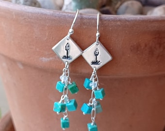 Yucca Sotol Cascade Earrings with Elysa Turquoise Stones, Sterling Silver, Native American Hand Carved, Signed, Yoeme, Yaqui Jewelry