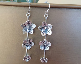 Desert Flower Earrings, Solid Sterling Silver Cactus Blossoms, Long Drops Hand forged, Signed, Native American Jewelry, Pascua Yaqui Tribe