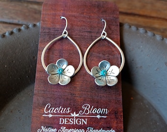Desert Palo Verde Blossom and Turquoise Earrings, Sterling Silver Handmade, Desert Flowers, Native American, Yaqui Tribe of Arizona, Signed
