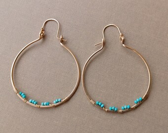Large 14kt Gold-Filled Hoops with Genuine Campitos Turquoise - Handmade - Hammered - Native American, Indigenous Made, Pascua Yaqui Tribe