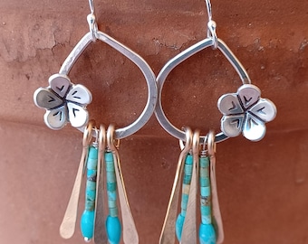 Arizona Highways Magazine Holiday 2024 - Desert Flower Earrings, Sterling Silver, 14k Gold-Filled Fringe, Kingman Turquoise, Elisa Turquoise